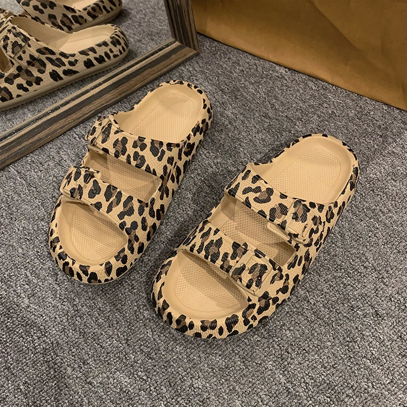 Leopard Print Platform Slippers Casual Thick Sole Indoor and Outdoor Sandals Beach Shoes