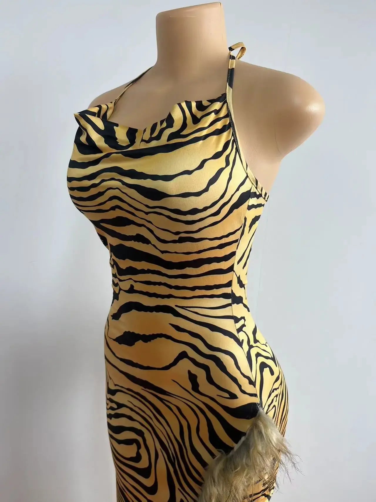 Women Leopard Print Feather High Side Split Strapless Long Midi Dress