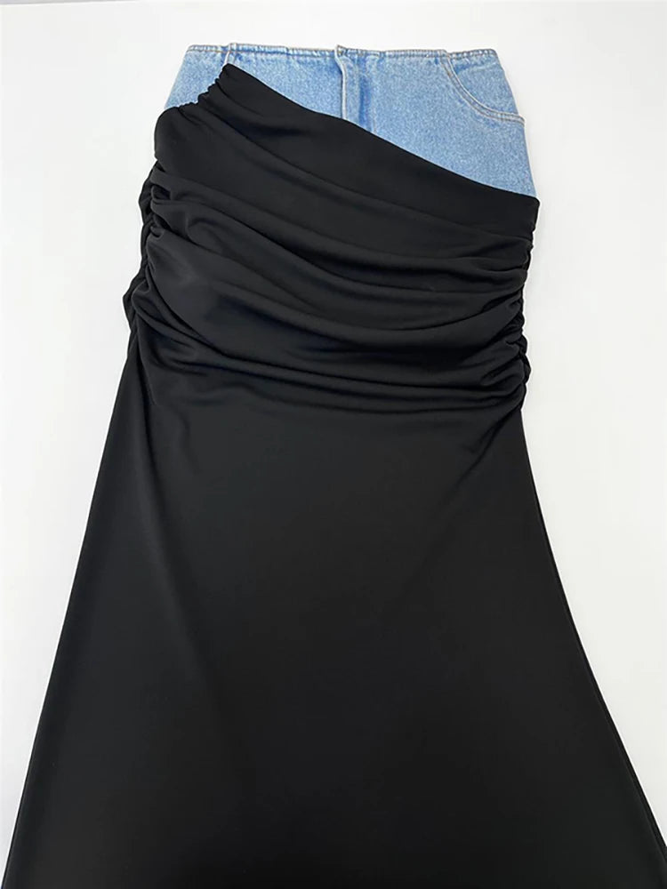 Wome Skirts High Waist Deconstruct Patchwork Panelled Asymmetry Denim Long Skirt