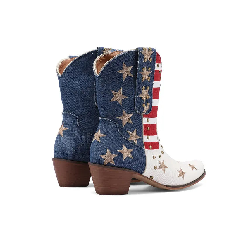 Cowgirl Cowboy Western Boots USA Flag Ankle Booties Denim Stars Stripes Heeled Shoes 2025 New Footwear
