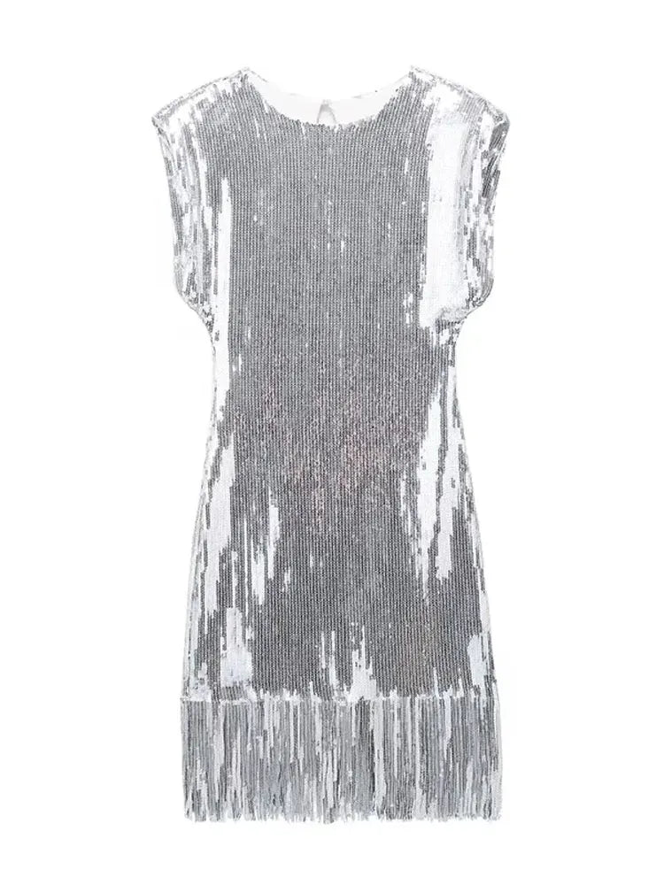 Silver Tassles Short Sleeve Dress