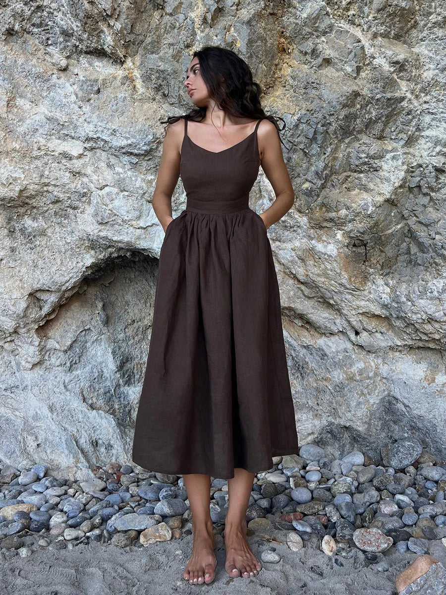 Bornladies Spring Summer Beach Style Women Dress Vintage Loose A-line Sling Dress