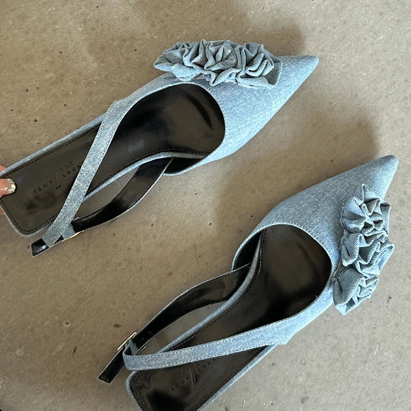 2024 Female Flower Pointed Toe Footwear Fashion Thin Heels Sandals