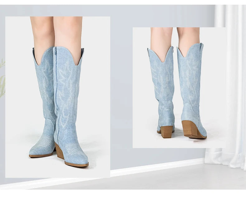 Cowgirl New Western Cowboy Boots Women Autumn Pointed Toe Thick Heel High Knee Boots