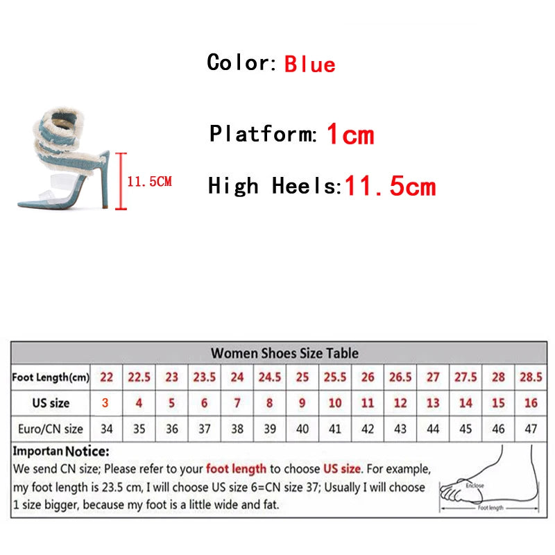 2024 New Design Denim Ankle Snake Surround Strap Sandal Summer High Heels Shoes