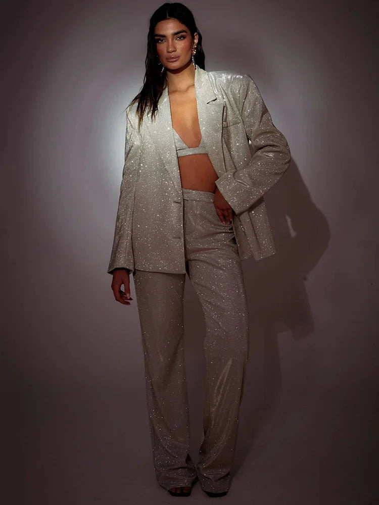 Women's High Quality Silver 3-piece Suit Pants Set Sparkling Fashion Single Row Button Long Suit V-neck Set