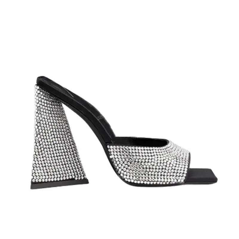 Black Crystal Decor Square Toe Slippers Open Toe Shoes