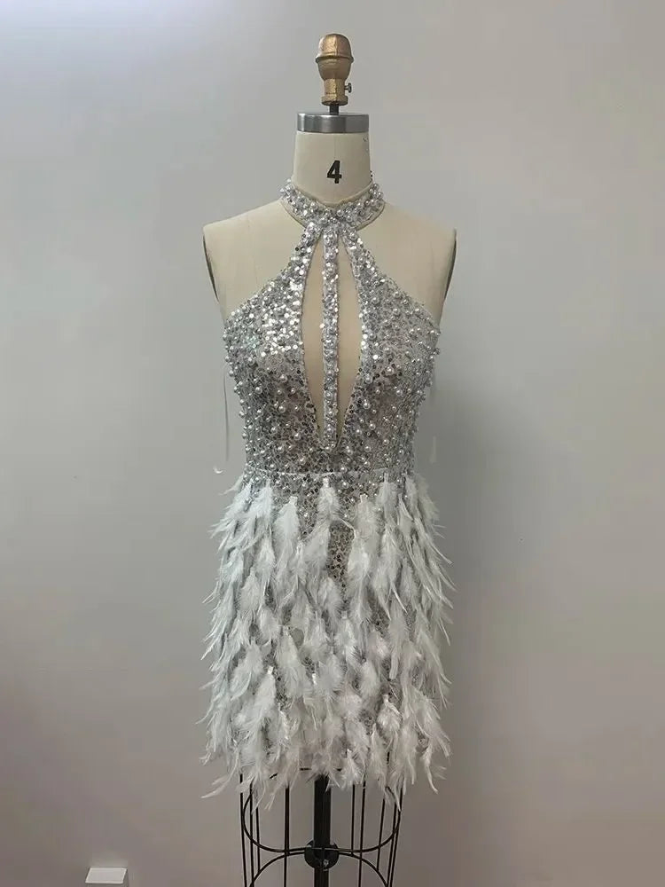 Luxury Beaded Sequins Silver Feather Tight Mini Dress Elegant Party Evening Dress Vestido