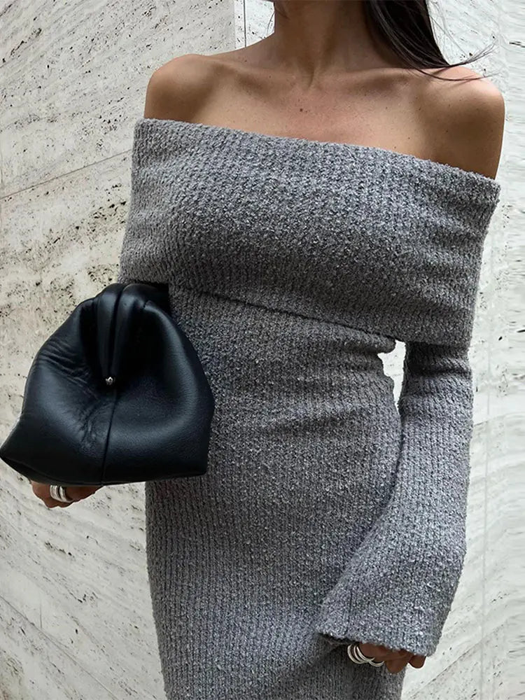Grey Autumn Knitted Slash Neck Dress
