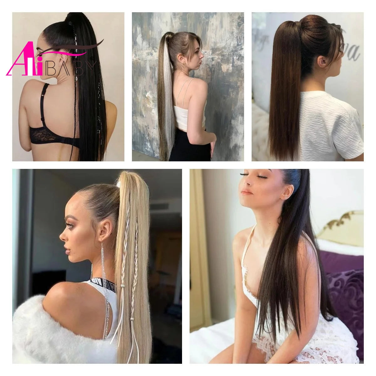 24 32 Inch Straight Ponytail With Elastic Band Synthetic Ponytail Extension Wrap Around Heat Resistant Pony Tail for Women