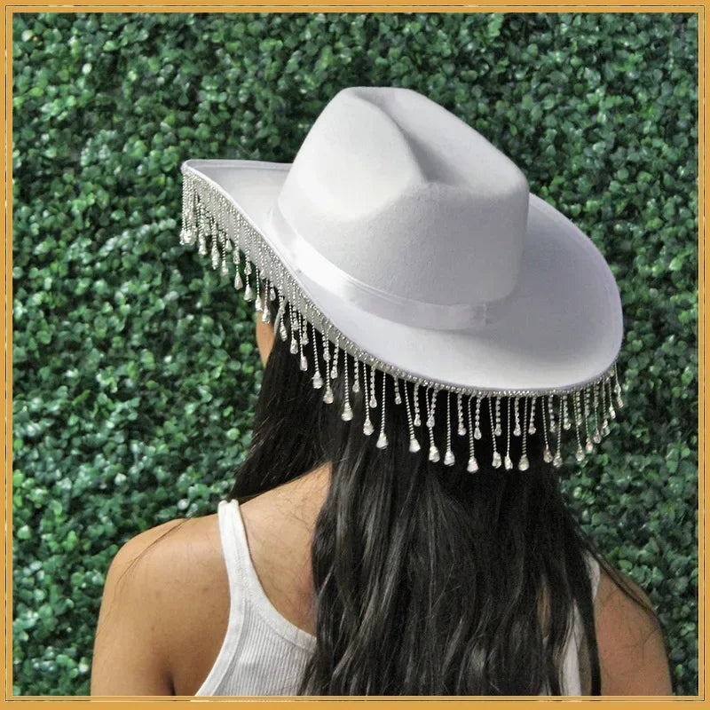 Diamond Fringe Bride Cowgirl Hat Summer Vintage Cowboy Hat Rhinestone Fringe Cowgirl Hat Gift for Women Girl Western Hat