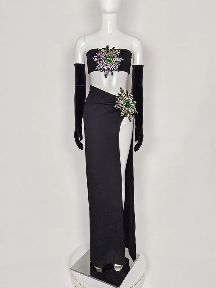 Gloves Strapless Diamond Split Maxi Long Tight Bandage Dress Elegant Evening Club Dress Vestidos