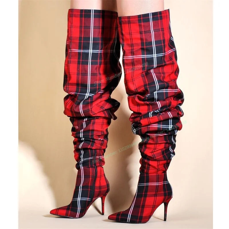 Mixed Color Plaid Over The Knee Boots Pointed Toe Shoes