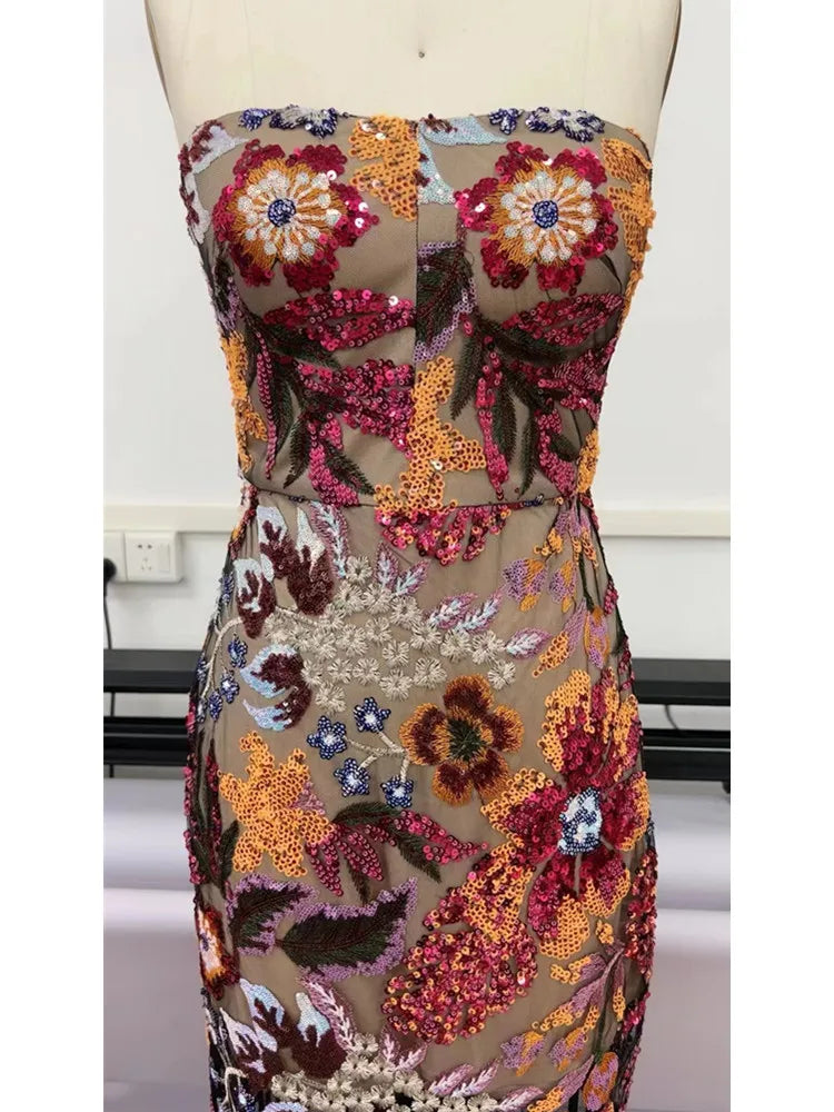 Strapless Designer Embroidery Flower Long Bodycon Gowns Dress Elegant Evening Party Club Dress