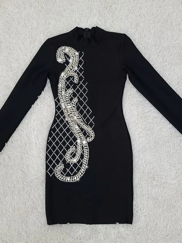 Luxury Diamond Long Sleeve Tight Bandage Mini Dress Rayon Fashion Cocktail Celebration Party Dress