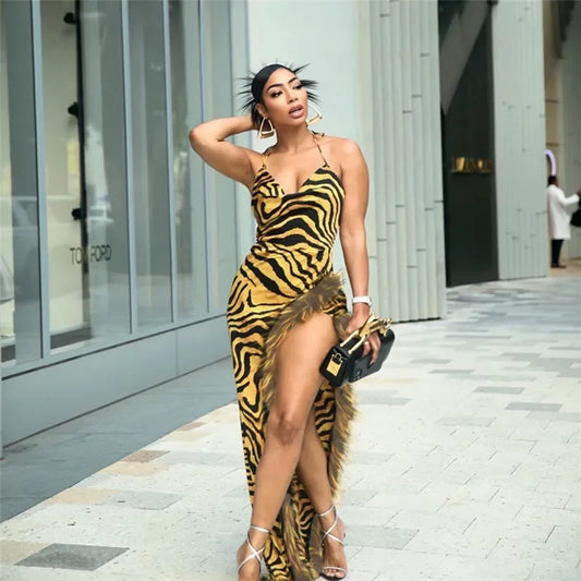 Women Leopard Print Feather High Side Split Strapless Long Midi Dress