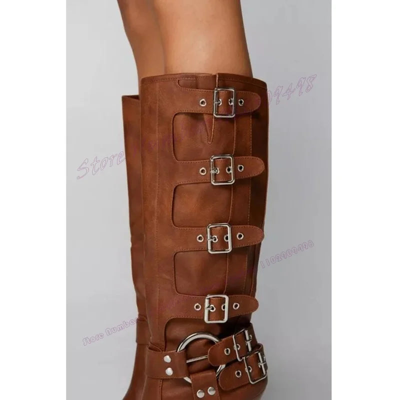 Brown Strappy Buckle Stilettos Heels Boots Pointed Toe Leather High Heels