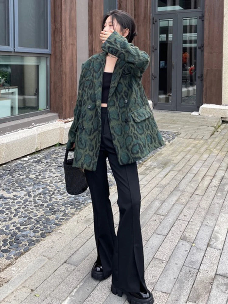 Green Leopard Graphic Female Blazer