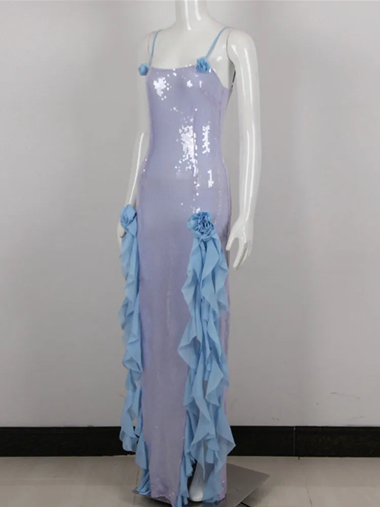 Luxury Flower Mesh Sequins Sky Blue Glitter Maxi Long Gowns Dress