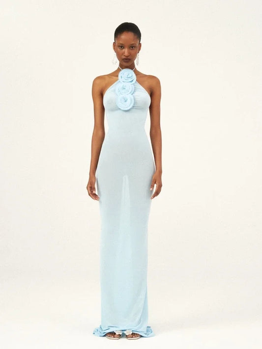 3D Flower Bodycon Long Dress Women Light Blue Sleeveless Lace-up Floor Length Dress