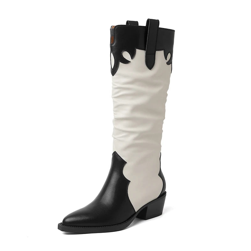 Retro Leather Boots Chunky High Heels Western Cowboy Boots Knee High Boots Pointed Toe Slip-on Long Boots Botas