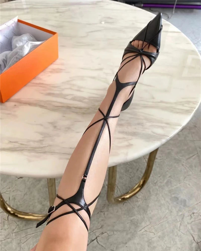 Gladiator Sandals 9CM High Heel Shoes Pointed Toe Lace-up Stilettos