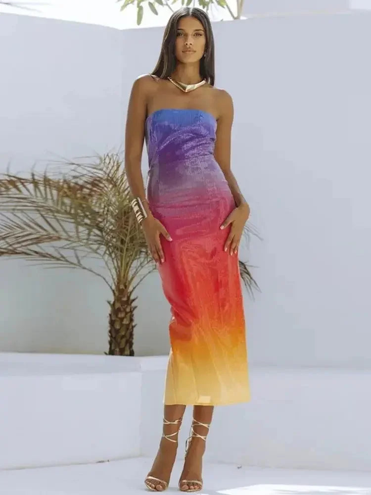 Rainbow Luxury Strapless Cocktail Dress Sequin Tight Fit Dress Backless Party Club Evening Dress