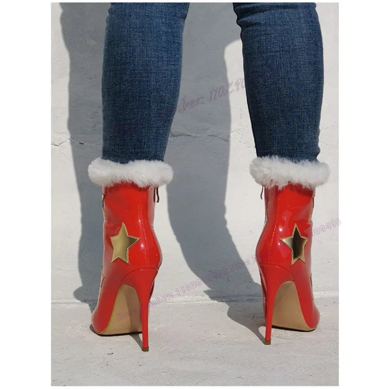 Red Star Fur Decor Ankle Boots Patent Leather Pointy Toe Shoes