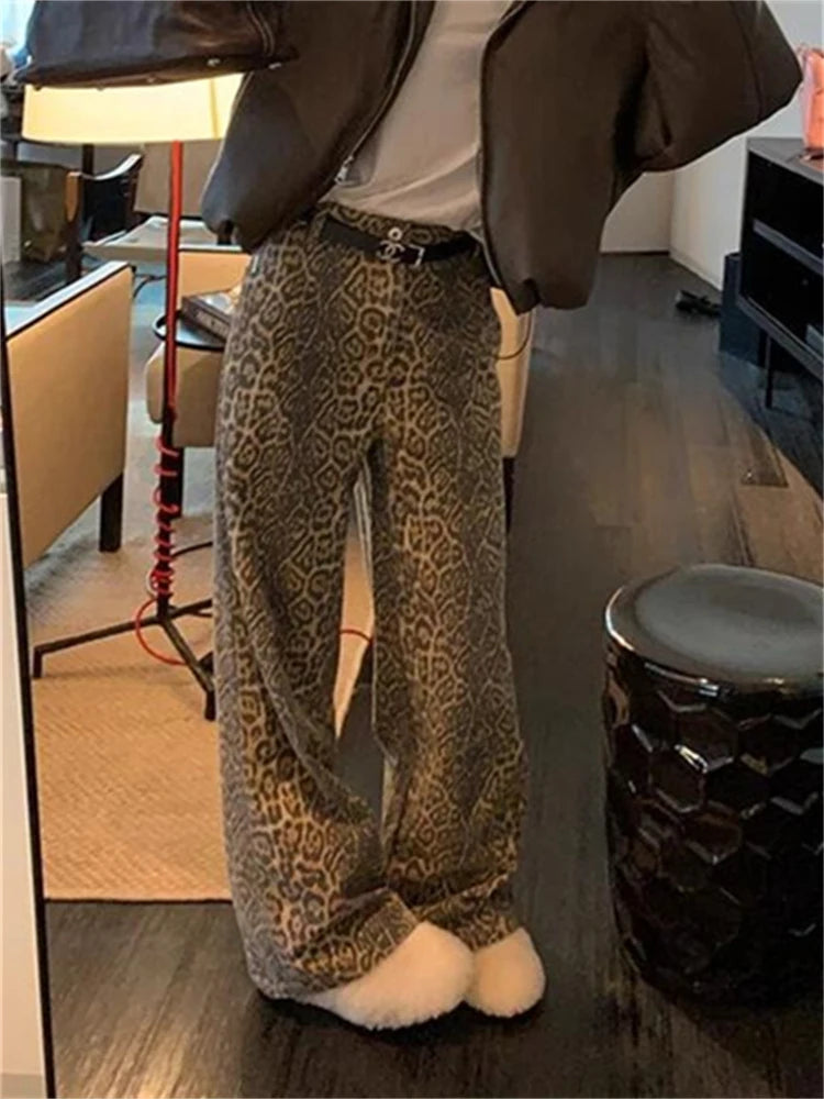 Leopard Print Jeans High Waisted Vintage Wide Leg Denim Trousers