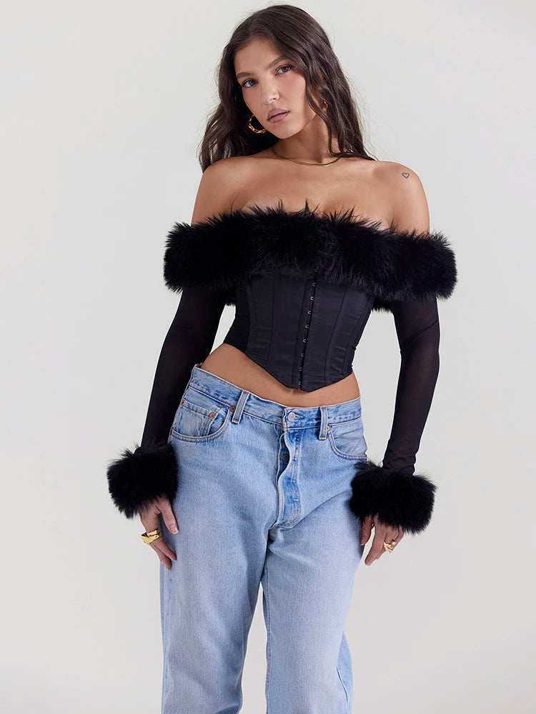 Mozision Elegant Feather Strapless Off-shoulder Backless Tops