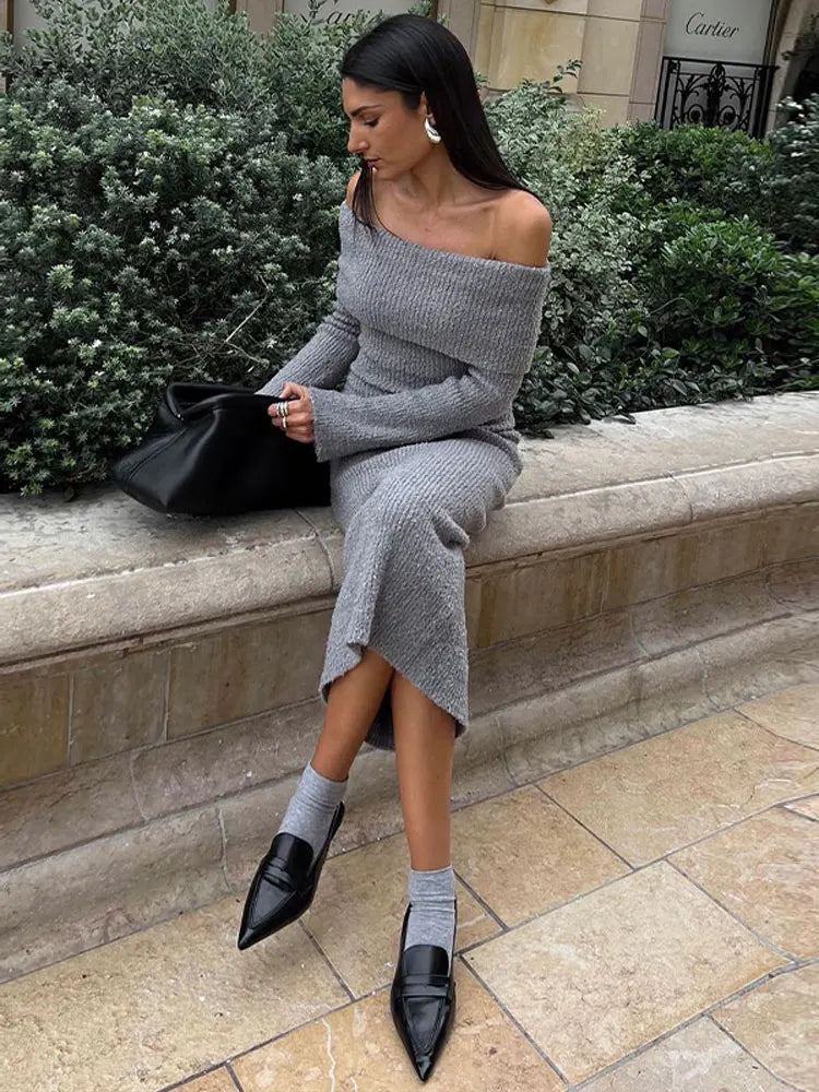 Grey Autumn Knitted Slash Neck Dress