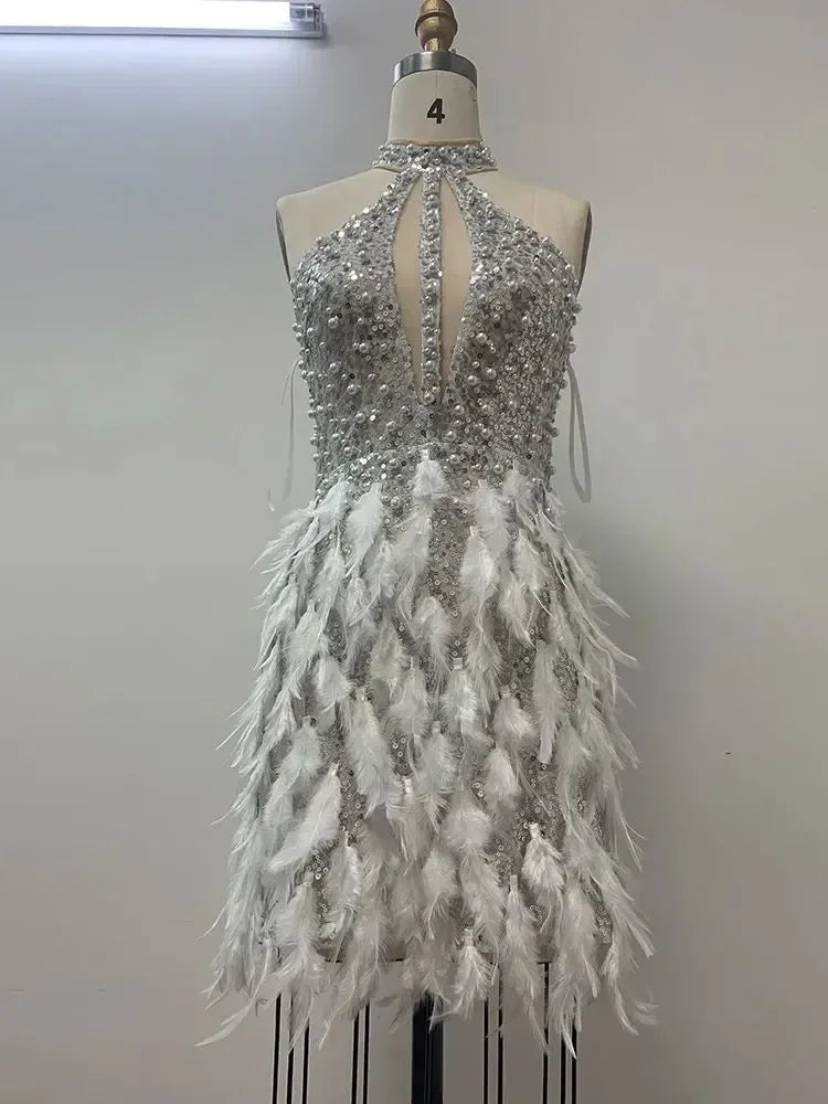 Luxury Beaded Sequins Silver Feather Tight Mini Dress Elegant Party Evening Dress Vestido