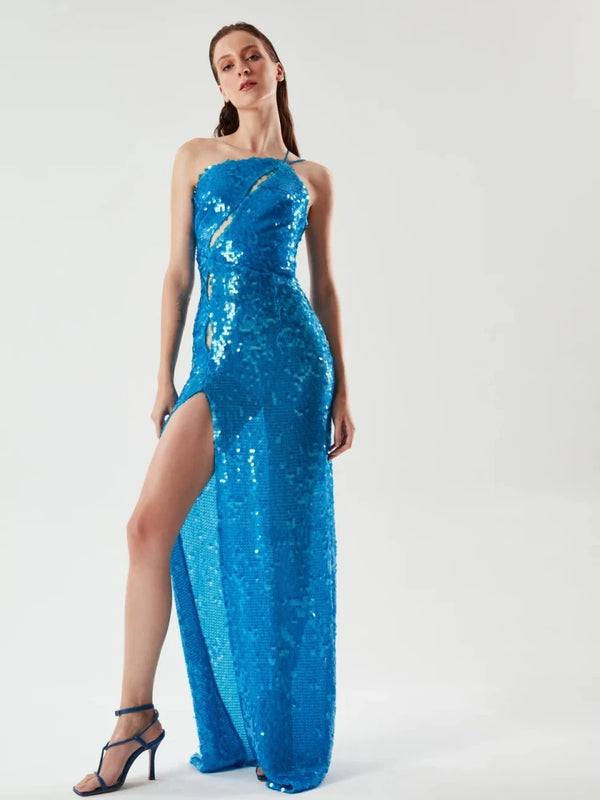 Sleeveless One Shoulder Sequin Slit Maxi Dress Elegant Neck Cut Out Sequin Evening Party Dresses