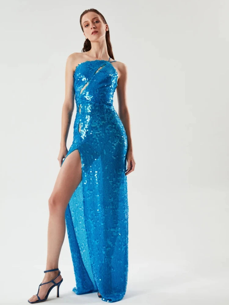 Sleeveless One Shoulder Sequin Slit Maxi Dress Elegant Neck Cut Out Sequin Evening Party Dresses