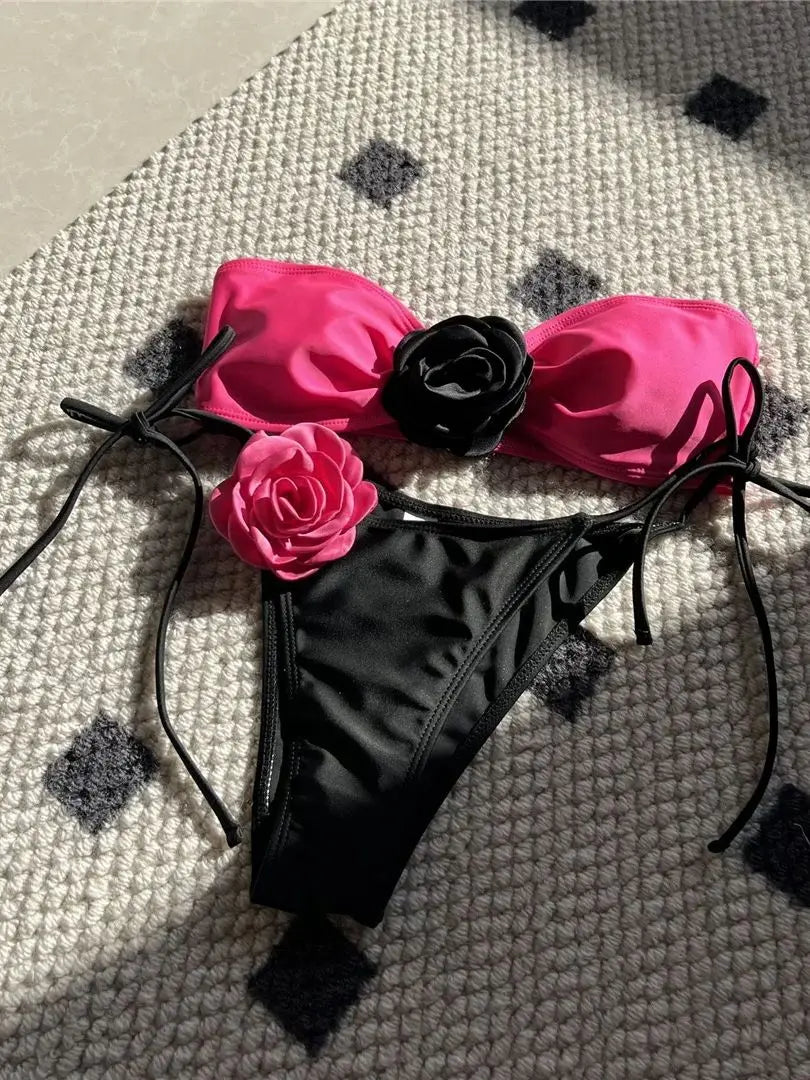4 Colors 3D Flowers Rose Strapless Bikini Women Swimwear Female Swimsuit Two-pieces Bikini set Suit Swim