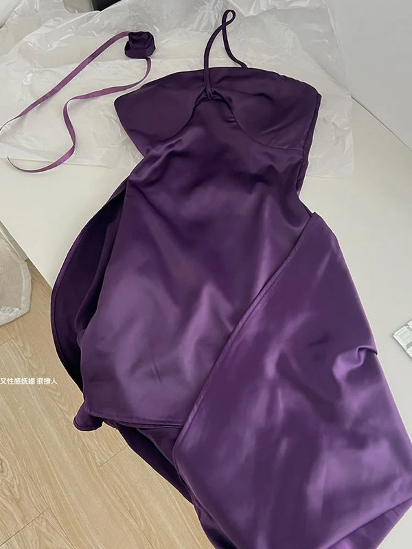 High Quality Purple Prom Gown Low Chest Wrapped Solid Evening Dress