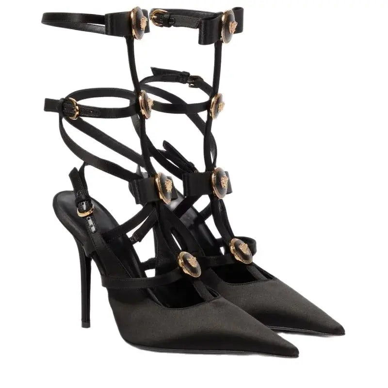 Pointed Bow, Hollowed Out Belt Buckle, Solid Color Banquet Sandals, Toe Wrapped Thin High Heels, Metal Decorative Sandals