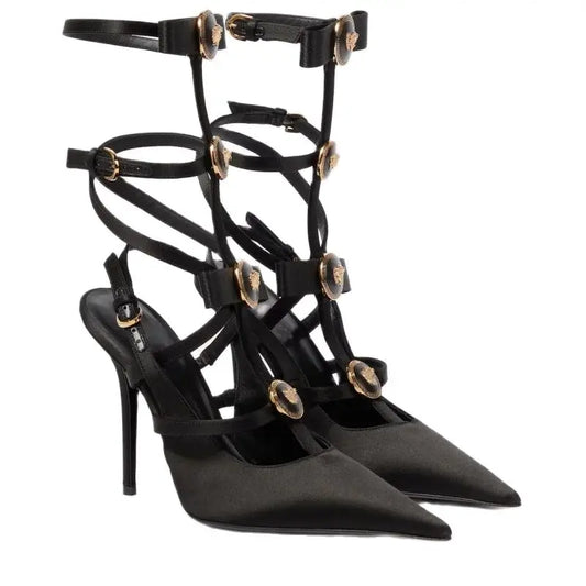 Pointed Bow, Hollowed Out Belt Buckle, Solid Color Banquet Sandals, Toe Wrapped Thin High Heels, Metal Decorative Sandals