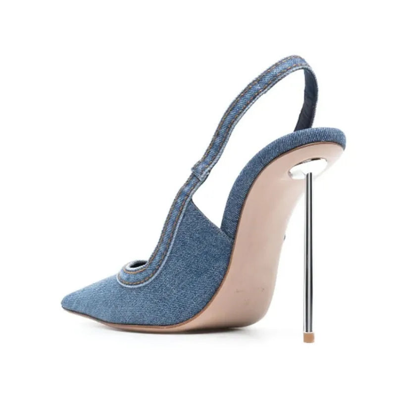 Blue Denim Thin High Heel Single Shoes European and American Pointed Back Strap Sandals