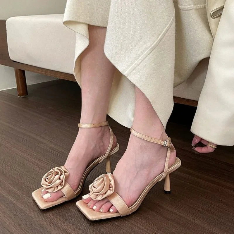 Flower High Heels Sandals Women Pointed Toe Stilettos Shoes