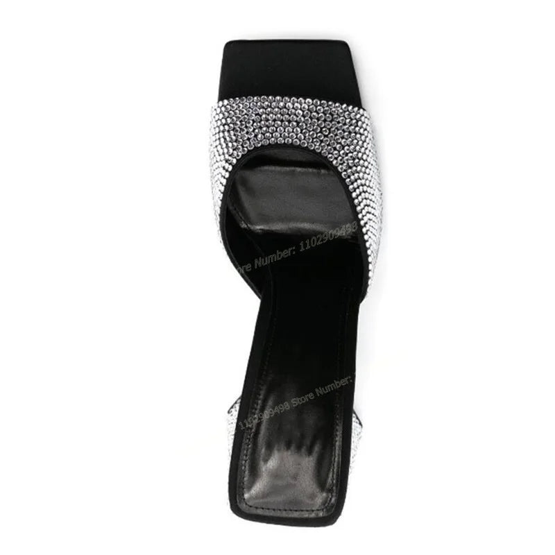 Black Crystal Decor Square Toe Slippers Open Toe Shoes