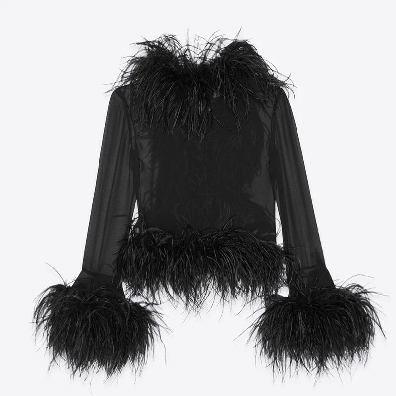 Long Sleeve Crop Shirt with Feather Cuffs