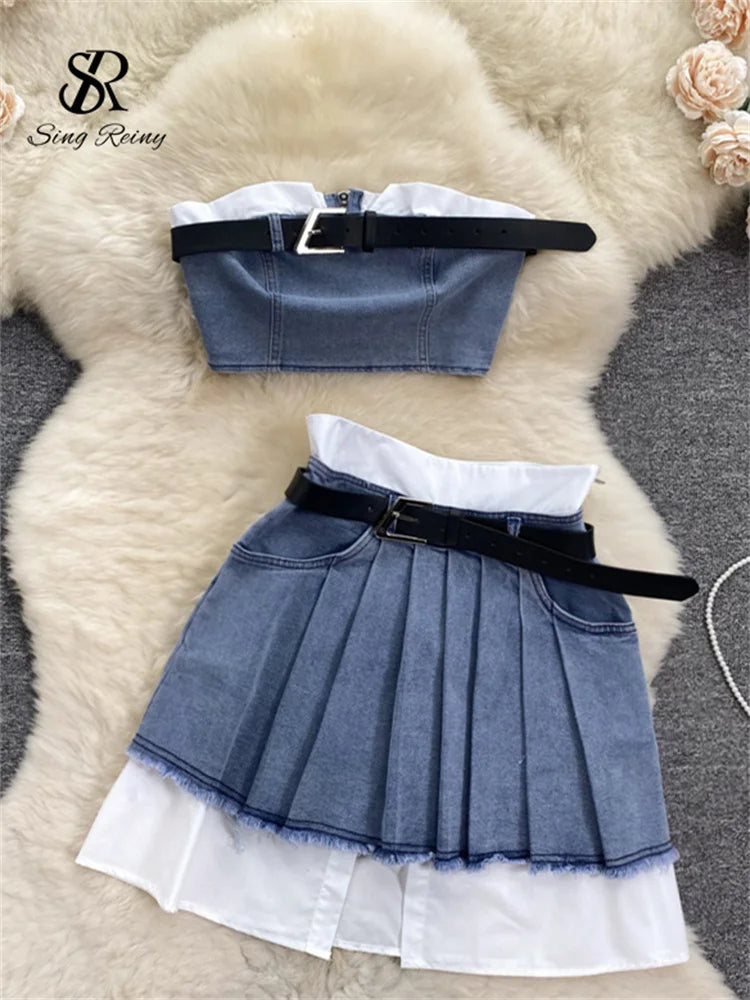 Retro Y2K Sexy Denim Suits Women Strapless Mini Top+ Pleated Mini Skirt Vintage Beach Two Pieces Set