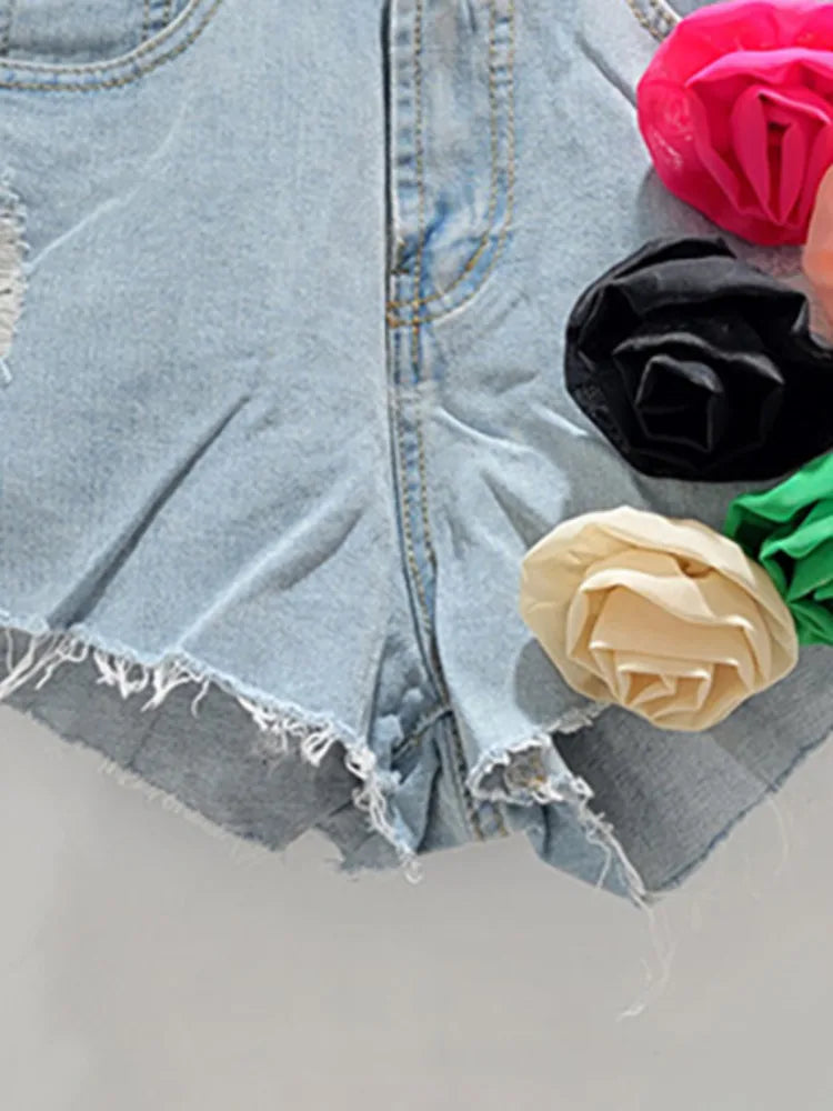 Denim Shorts Colored 3d Mesh Flowers Wide Leg Broken