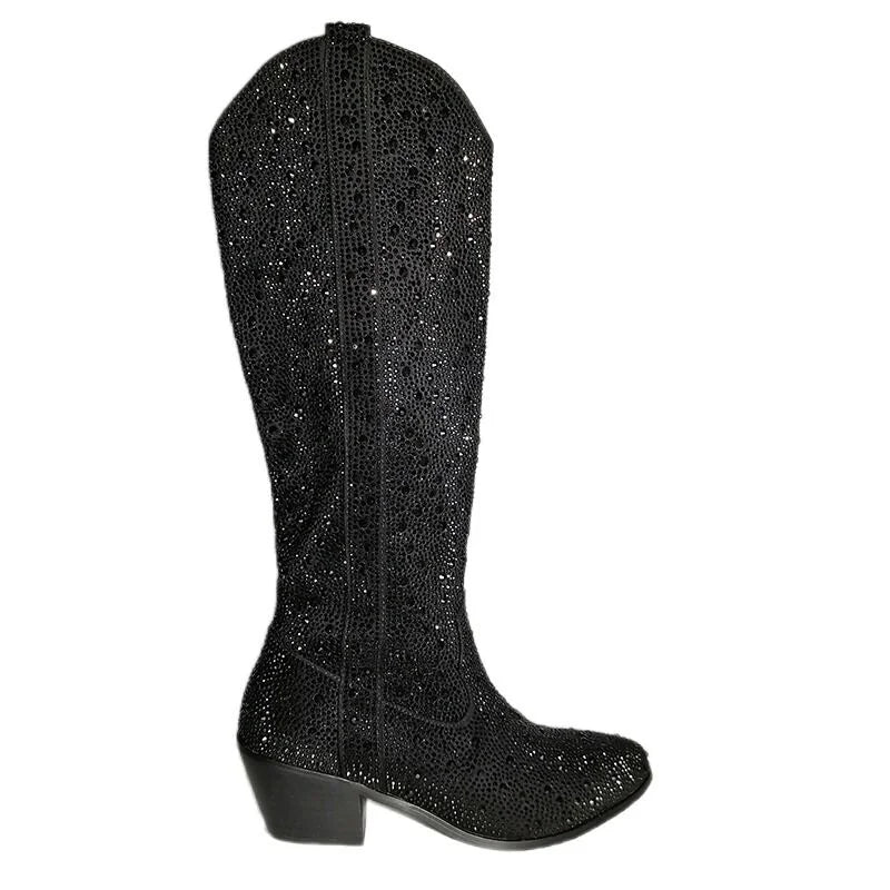 Pointed Toe  Black Rhinestone Boots Knee High Western Cowgirl Boots Glitter Shiny Block Heel Cowgirl Booties