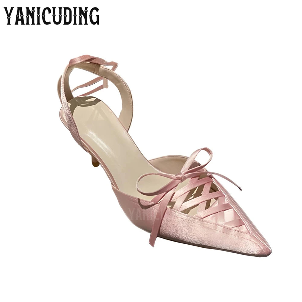 Pointed Toe Strappy Stilettos Women's Satin Kitten Heels Summer Shoes Sweet Style Lace-Up Ankle Straps Summer Shoes New Arrival