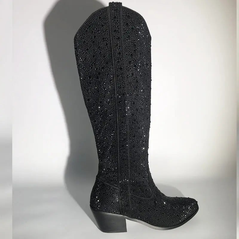 Pointed Toe  Black Rhinestone Boots Knee High Western Cowgirl Boots Glitter Shiny Block Heel Cowgirl Booties