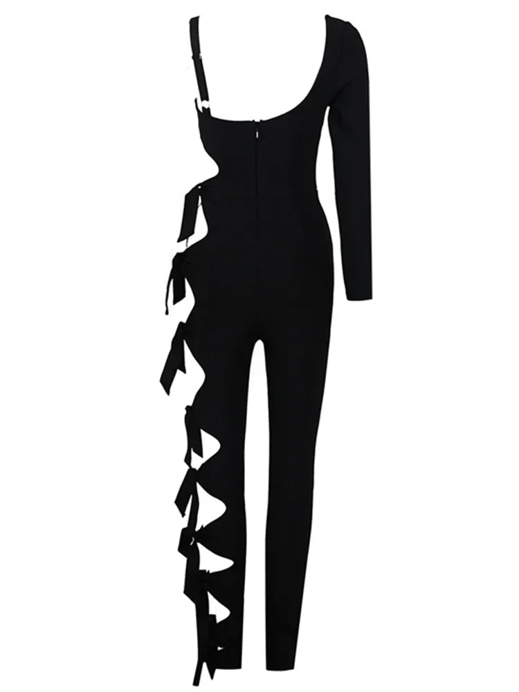 New Arrival Summer Style Long Sleeve Cut Out Black Bodycon Bandage Jumpsuit