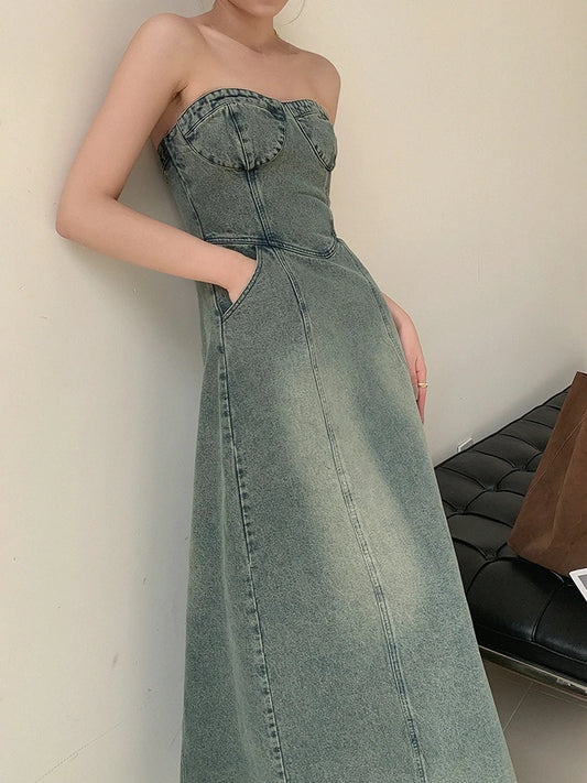 Vintage Elegant Party Midi Dress Denim Strapless Dress A-line Temperament
