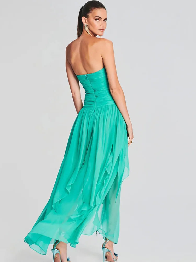 Strapless Backless Mesh Ruched Lake Blue Pleated Long Dress